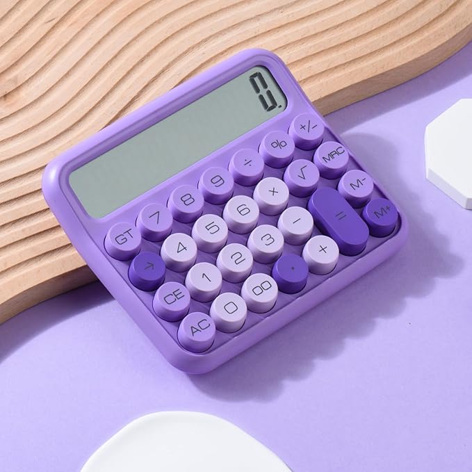 Mechanical Switch Calculator, 12 Digits, Large LCD Display, Pink, Big Buttons, Desktop, Cute, for Everyday Life and Basic Office Work