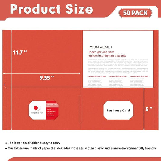 Two Pocket Folders, PANDRI 50 Pack 2 Pocket Folders, Letter Size Paper File Folder for School Office Home Business, Red