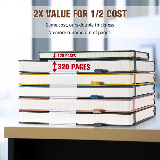 5 Pack College Ruled Notebook, 312 Numbered Pages Thick Notebooks Bulk, 100gsm No Bleed Paper Hardcover Leather Journal, Lined Journal Notebook Set for Women Men School Office, A5, Brown