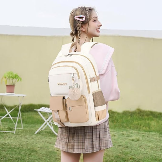 3PCS School Backpack For Student Women College Middle High Teen Girls Bookbag Waterproof Laptop Bag Beige Khaki