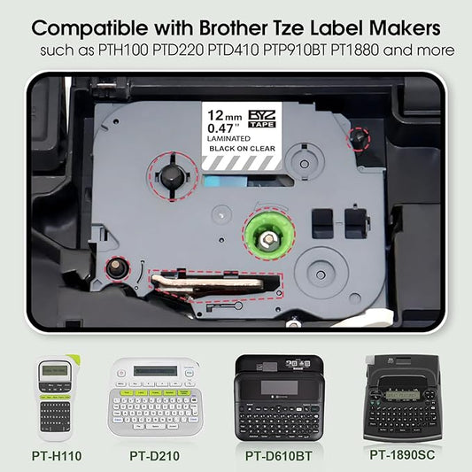 BOYEEZON 2Pack TZe-131 Label Maker Tape 12mm 0.47 Laminated Clear, Compatible for Brother P Touch TZe-131 Black on Clear Tape for PTH100 PTD210 PTD220 PTD600, 26.2'(8M)
