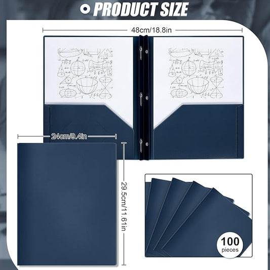 Lincia 100 Pcs Plastic Folders with Pockets and Prong Folders with Prongs Plastic Folders with 2 Pockets Pocket Folders for Office, School for Students, Teachers, Office Workers (Navy Blue)