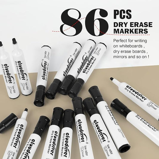 cloudriver Low Odor Dry Erase Markers Tank Style, 86 Count, Chisel Tip, Black Whiteboard Markers, Bulk Dry Erase Marker For Office, home and School Supplies