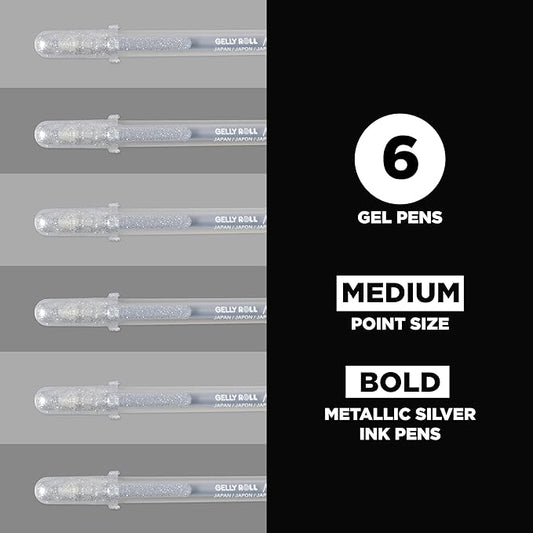 SAKURA Gelly Roll Metallic Gel Pens - Pens for Scrapbook, Journals, or Drawing - Metallic Silver Ink - Medium Line - 6 Pack