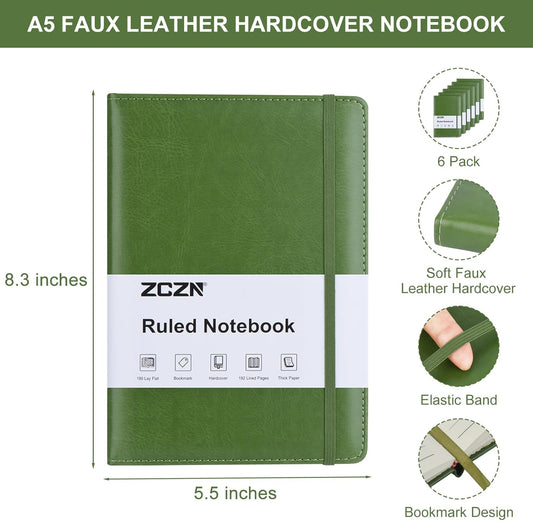 ZCZN 6 Pack Lined Journal Notebooks, 192 Pages A5 Hardcover Leather Journals for Work,Writing,School & Travel, College Ruled Journaling Notebooks for Notes Taking,Diary Notepad (Light Green*6)