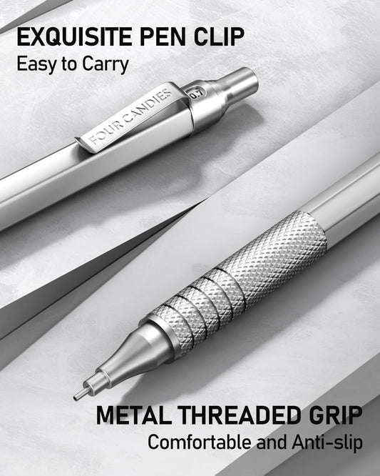 Four Candies 2PCS Metal Mechanical Pencils Set with Case, 0.5mm & 0.7 mm Artist Pencil with 6 Tubes (360PCS) HB Lead Refills, 3 Erasers,9 Eraser Refills For Writing Drafting, Drawing, Black&Silver