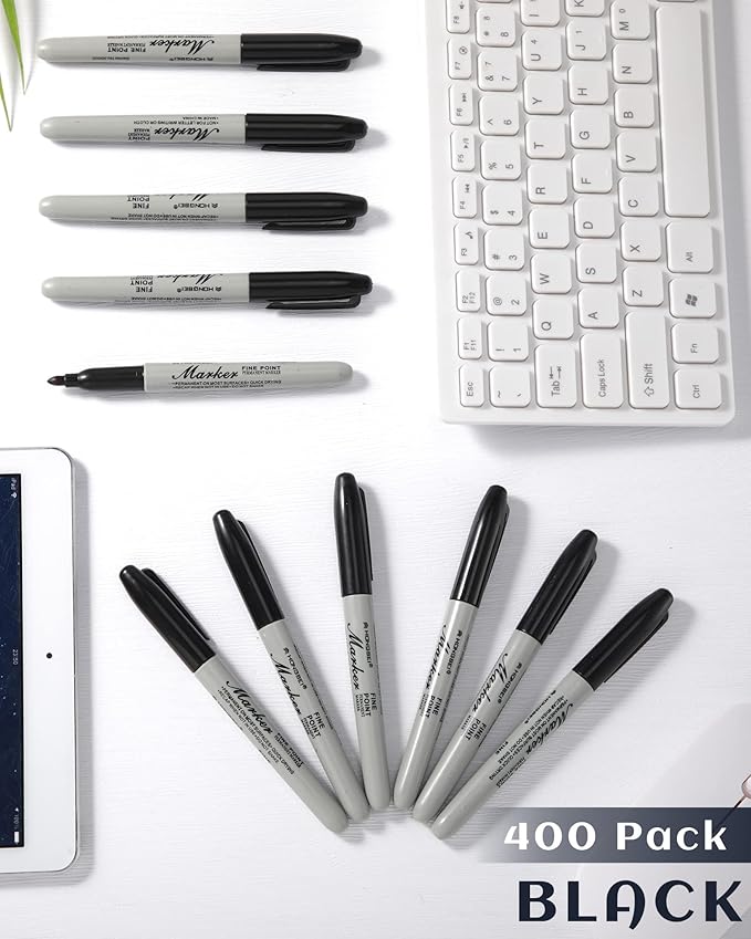 Thenshop 400 Pack Permanent Markers Bulk Black Permanent Marker Set Fine Point Pens Work on Wood, Metal, Stone, Glass