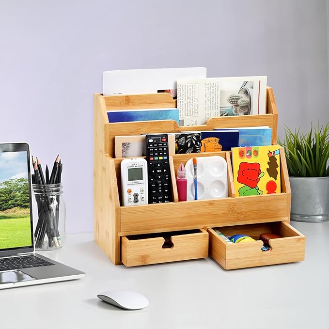 Youeon Bamboo Desk Mail Organizer with Drawers, Large Office Desk Organizer, Countertop Magazine File Holder, Desk Organizer and Sorter for File Letter Paper Office Supplies