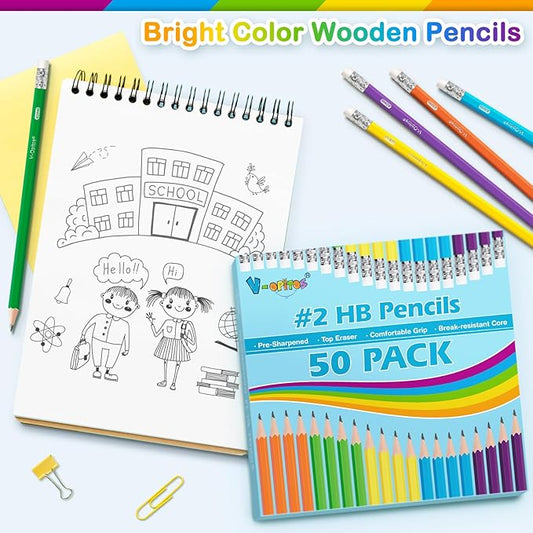 V-Opitos #2 Pre-Sharpened Wood-Cased Pencils, 50 Pack with Top Erasers, Bulk 2HB Pencils in Assorted Colors for School, Writing, Drawing and Sketching