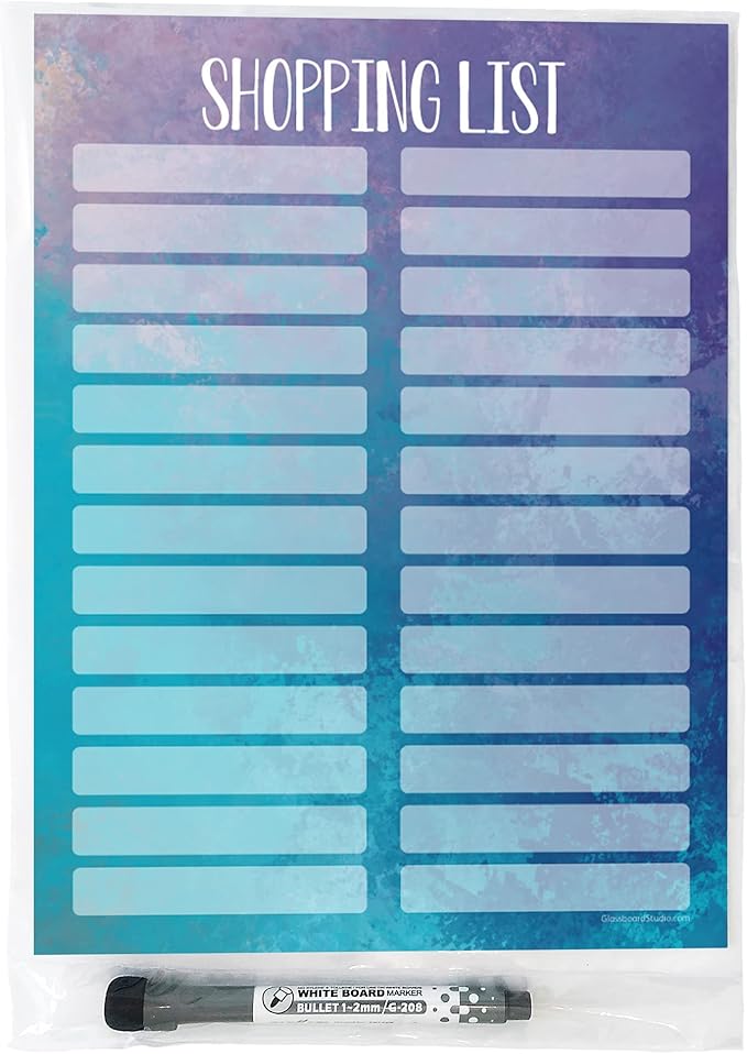 Dry Erase Shopping List Vinyl Sticker Decal Whiteboard by Glassboard Studio | Removable & Reusable | Magnetic Fine-Tip Marker Included (9 x 12 inches, Watercolor)