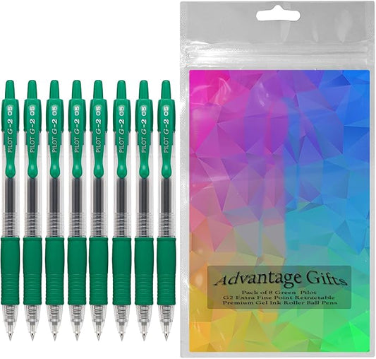 G2 Retractable Premium Gel Ink Roller Ball Pens Extra Fine Point (.5mm) Green Ink 8 pack; Refillable & Premium Comfort Grip Bundle with Plastic Reusable Pouch