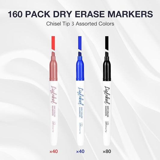Dry Erase Markers Bulk 160 Pack 3 Assorted Colors, Chisel Tip Whiteboard Markers for Home School and Office,Pens of 80 Black 40 Red and 40 Blue.