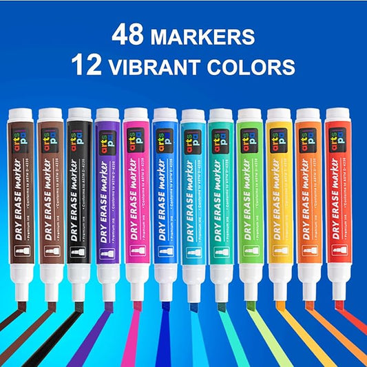 Artspal Dry Erase Markers, 48 Count 12 Vibrant Colors, Chisel Tip, Low Odor, Easy Erase Whiteboard Markers for Classroom, Office, Home, Teachers, Kids, Creative Projects, Back to School Supplies