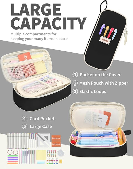 SUNEE Cute Pencil Case, Aesthetic Pen Pouch, Colored Large Pencil Bag with Zipper, Kawaii Stationery Storage and Organizer, Black School Supplies for Teen and Adult Girls