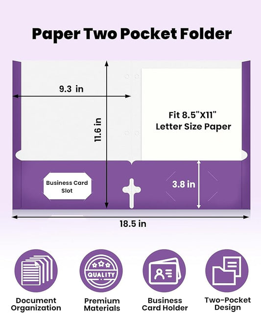 SUNEE Folders with Pockets 3 Hole Punched(50 Pack, Purple), 2 Pocket Folders Fit Letter Size Paper, Paper File Folder for School Office Home Business