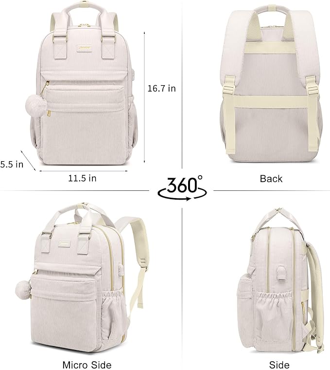 School Backpack for Girls Laptop Bookbag: Casual Corduroy Women Backpacks with USB Charging Port TSA Friendly Travel Back Pack with Anti-Theft Pockets Cute College Daypack for Teen Students Lady Beige