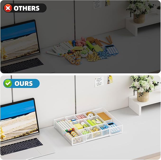 Marbrasse Expandable Desk Drawer Organizer, Mesh Drawer Organizer Tray with 10 Adjustable Compartments, Desk Organizers and Accessories, 5 Dividers Drawer for Office Supplies, Makeup & Vanity (White)