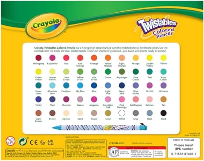 Crayola Twistables Colored Pencil Set for Kids (50ct), No Sharpen Coloring Book Pencils, Essential Classroom Supplies, Cute Back to School Gifts for Kids, 4+