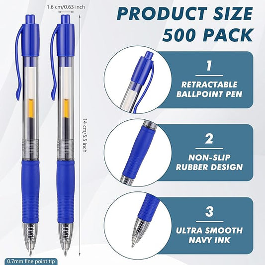 Jetec 500 Pcs Premium Gel Roller Pens Bulk, Fine Point 0.7 mm, Retractable Gel Ink Roller Ball Pens for Writing Journaling Taking Notes Office (Blue)
