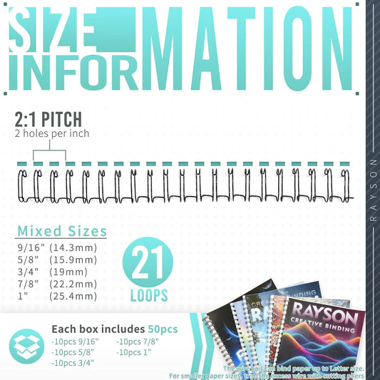 Rayson Double Loop Binding Wires, Mixed Sizes (9/16", 5/8", 3/4", 7/8", 1") 2:1 Pitch Wire Binding Spines, 21-Loop Black, Pack of 50