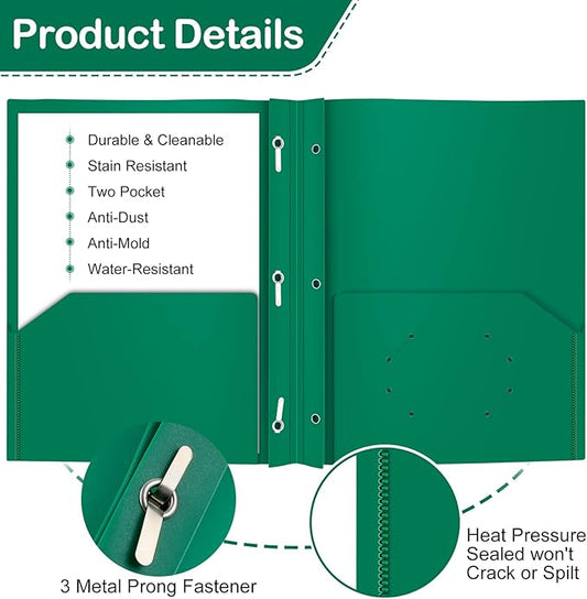 ViVin Sturdy 12-Pack Plastic Folders, Folder with Pockets and Prongs, 2 Pocket Poly File, Plastic Folders with 3-Prong Fasteners, fits 8.5 * 11 Letter Size Paper, for School/Home/Office Use (Green)