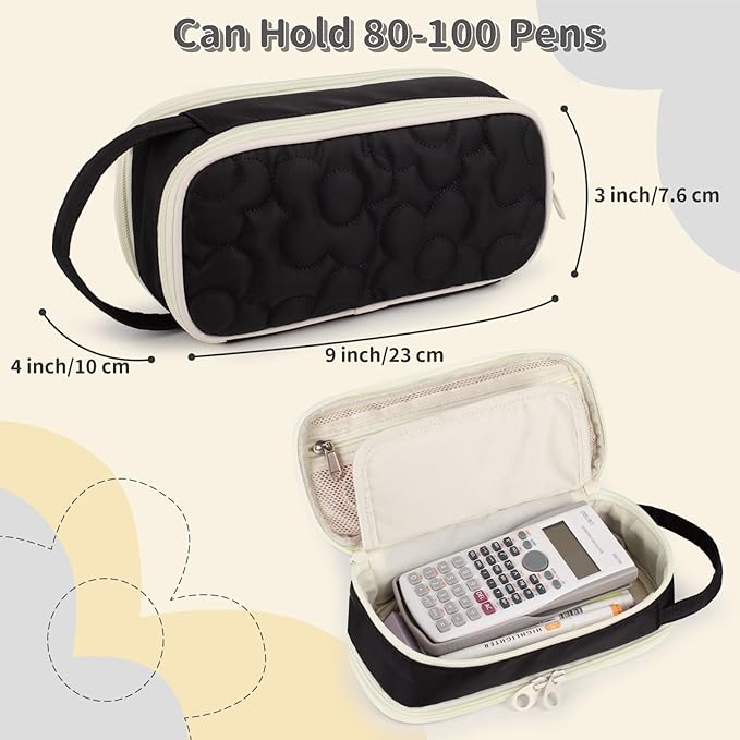 Pencil Case For Girls,Flower Quilted Large Capacity Pencil Pouch With 2 Compartment, Zipper Pencil Bag With Handle, Women Soft Pencil Box For Middle School Office College