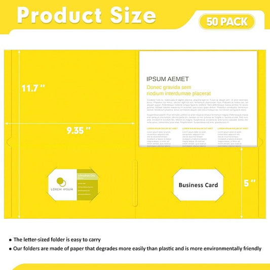 Two Pocket Folders, PANDRI 50 Pack 2 Pocket Folders, Letter Size Paper File Folder for School Office Home Business, Yellow