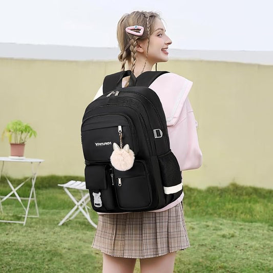 3PCS School Backpack For Student Women College Middle High Teen Girls Bookbag Waterproof Laptop Bag Black