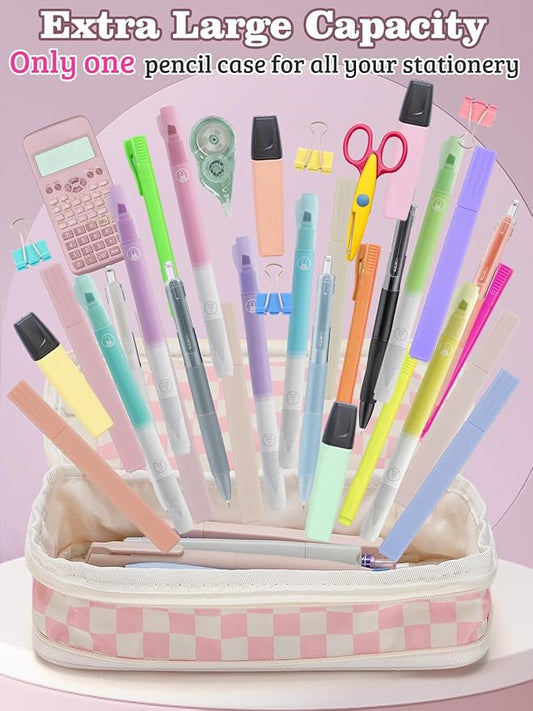 Large Capacity Pencil Case for Teens Girls - Cute Checkerboard Pencil Pouch with Zipper, Stationery Bag Box for Student Back to School Gifts, Pink