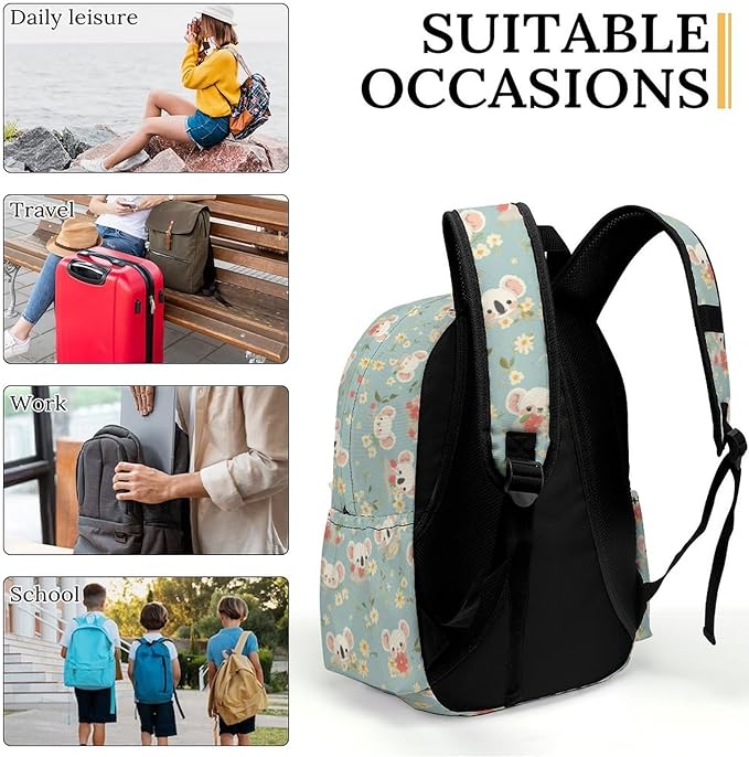 17 Inch Laptop Backpack Cute Koala Face Spring Flowers Teen Girls Boys School Backpack Bags Travel Bookbag Back Pack Outdoor Daypack for Women Men
