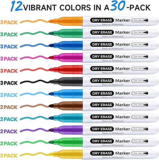 Dry Erase Markers Fine Tip, 30 Pack 12 Assorted Colors Thin Low Odor WhiteBoard Markers Bulk Set for School Classroom Office Supplies