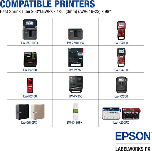 Epson LABELWORKS 203YLBWPX Genuine Tape Cartridge - Black on White Shrink Tube Industrial Label Maker Tape - AWG 16-22, 1/8" (3MM) Wide, 8 ft (98")