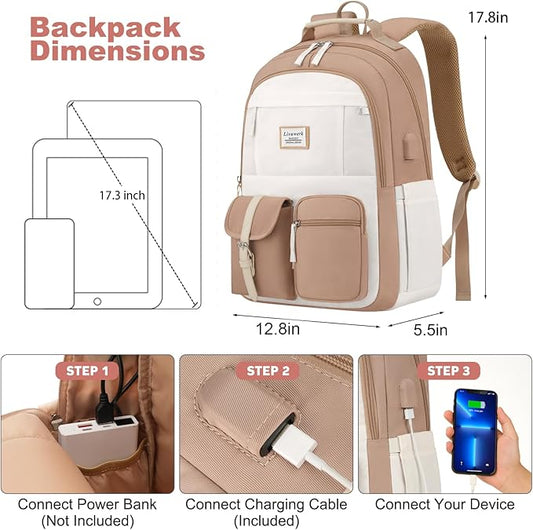 School Backpack BookBag for Teen Girl: 17.3 Inch Cute Laptop Backpacks for Middle High School Casual College Back Packs with USB Charging Port Aesthetic Daypack Travel Book Bag for Kids Students Women