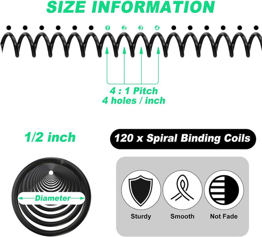 Leinuosen 120 Pack Plastic Spiral Binding Coils Kit Spirals Multi Size Coils for Binding Binder Combs Spines(1/2 Inch,Black)