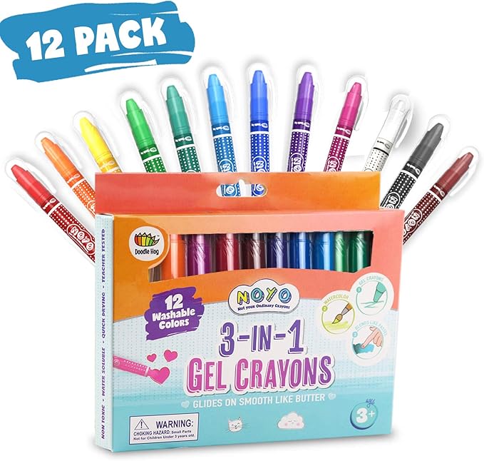 DOODLE HOG Washable Crayons 12 Colors, Kids and Toddler Crayons, Watercolor, Non Toxic, 3 in 1, for Kids Ages 4-8
