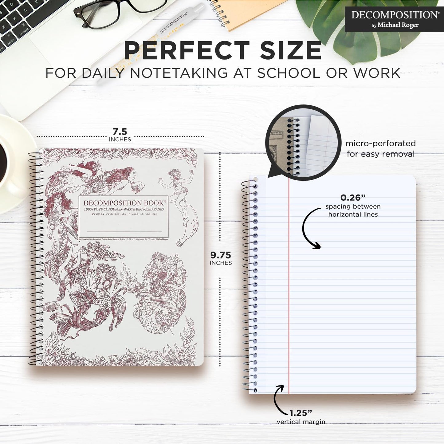 Decomposition Mermaids College Ruled Spiral Notebook - 9.75 x 7.5 Journal with 160 Lined Pages - 100% Recycled Paper - Cute Notebooks for School Supplies, Home & Office - Made in USA