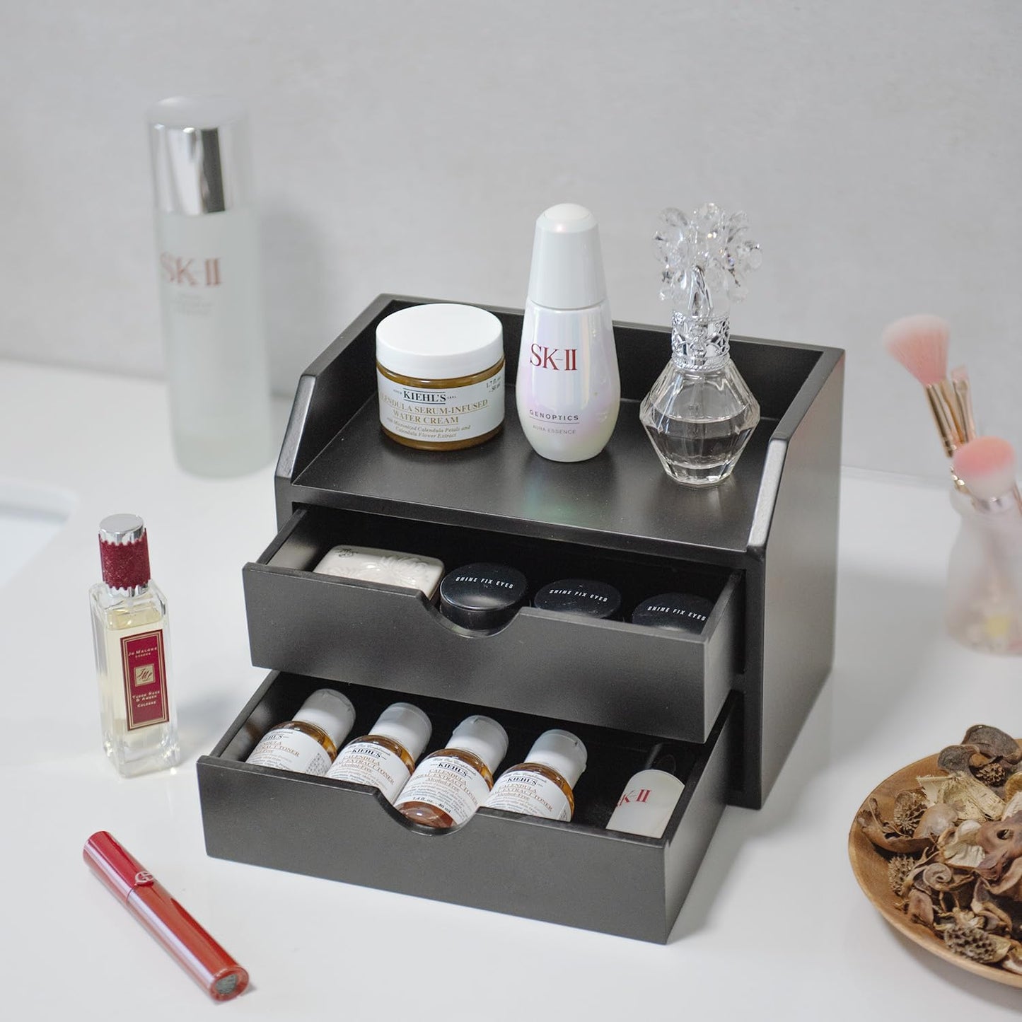 ROSE BLOOM Black Wood Desk Organizer with 2 Drawer, Mini Cute Cabinet with Storage Shelf for Tabletop, Small Desktop Box Organizer for Cosmetic Office Supplies