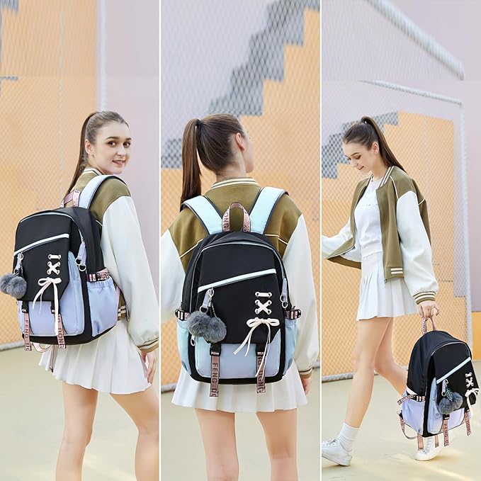 FENGDONG Teenage Girls Bookbag school Backpack Children Casual Daypack Schoolbag for Teens Blue