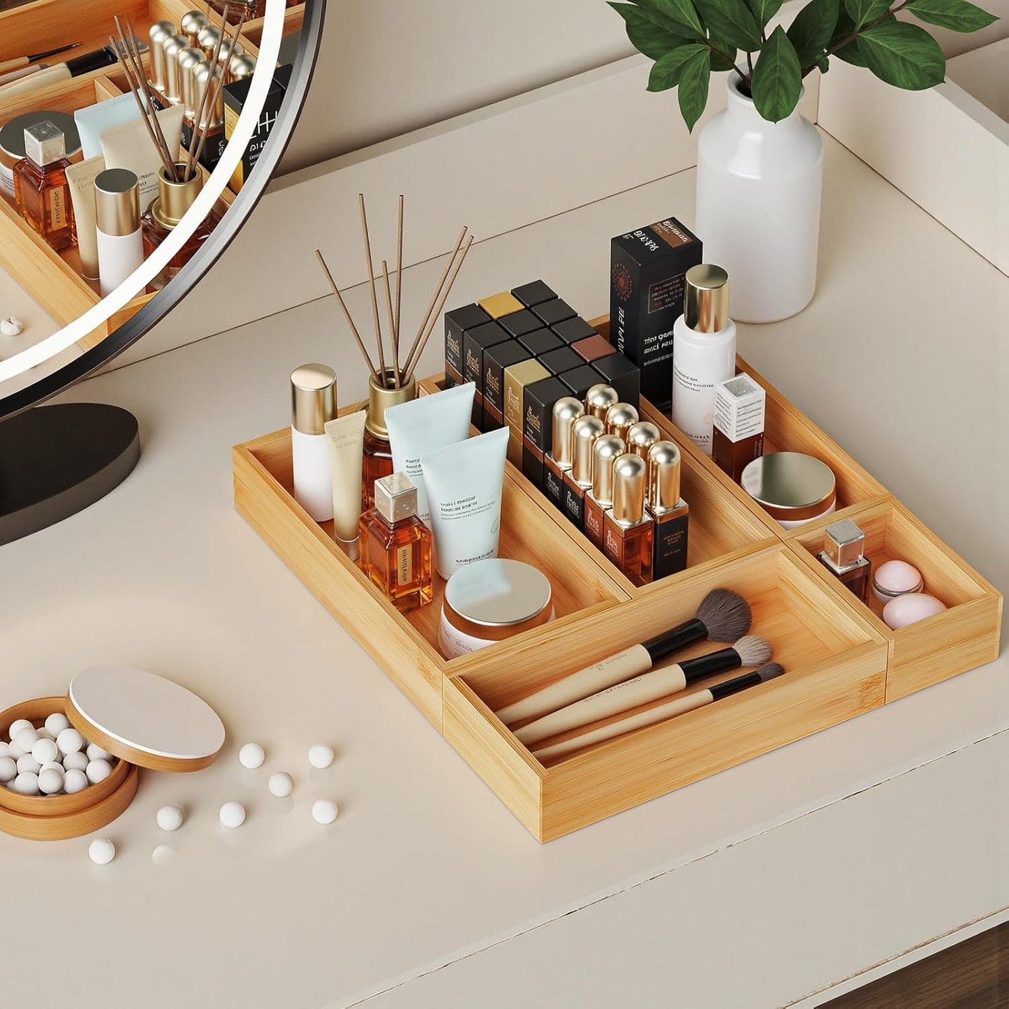 Bamboo Drawer Organizer Set, 5 PCS Wooden Storage Trays for Kitchen, Bathroom, Office, Makeup