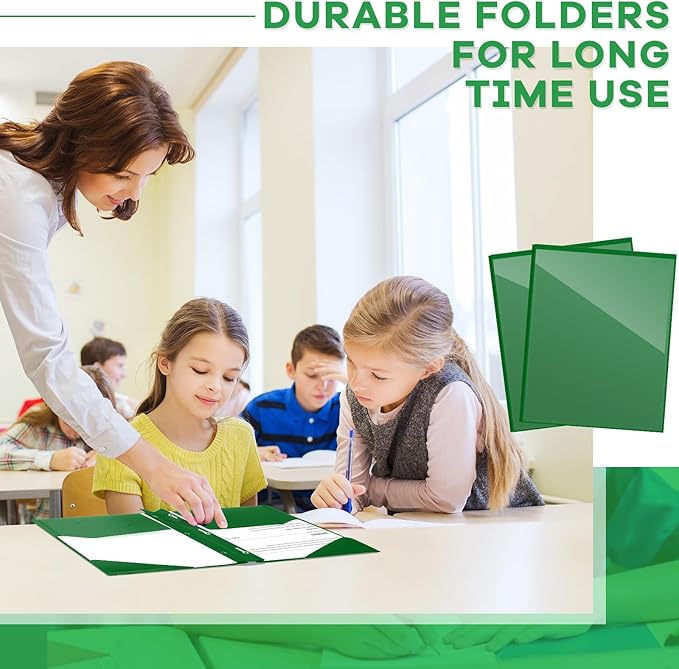 Henoyso 36 Pcs Plastic Folder with Clear Front Pocket and 3 Prong Plastic Folders with Card Slot Pocket Folders with Prongs for School Office (Dark Green)