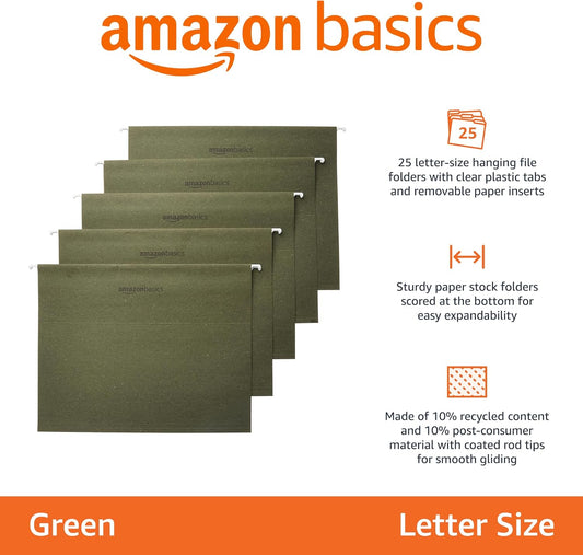 Amazon Basics Hanging Organizer File Folders for Efficient Filing, Sturdy, Adjustable Tabs, Letter Size, Pack of 25, Green