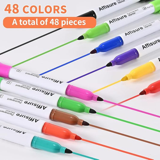 48 Colors Permanent Markers, Assorted Colors Vibrant Markers, Fine Point,Works on Wood, Plastic, Metal, and More, for Adults, Artist, Teacher, Kids, 48 Pack