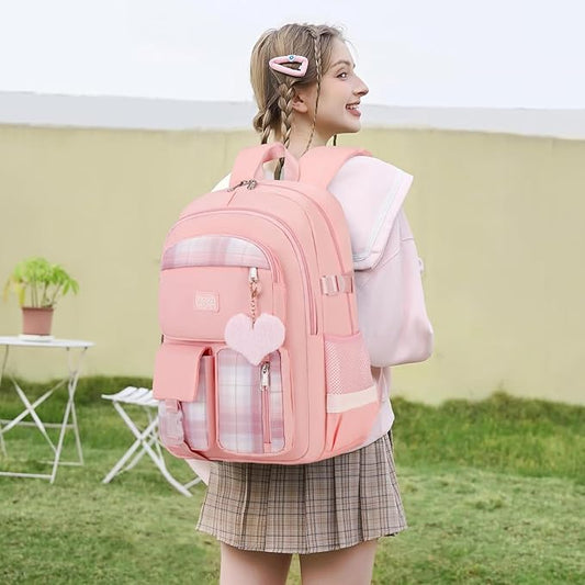 3PCS Backpack For School Women College Middle High Teen Girls Student Bookbag Waterproof Laptop Bag Plaid Pink