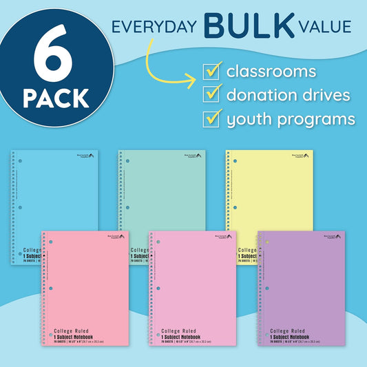 Blue Summit Pastel Spiral Notebook College Ruled, One Subject School Notebooks Spiral, Perforated Notebooks Bulk, 8 x 10.5 School Book, Paper, College Ruled, 6 Pack