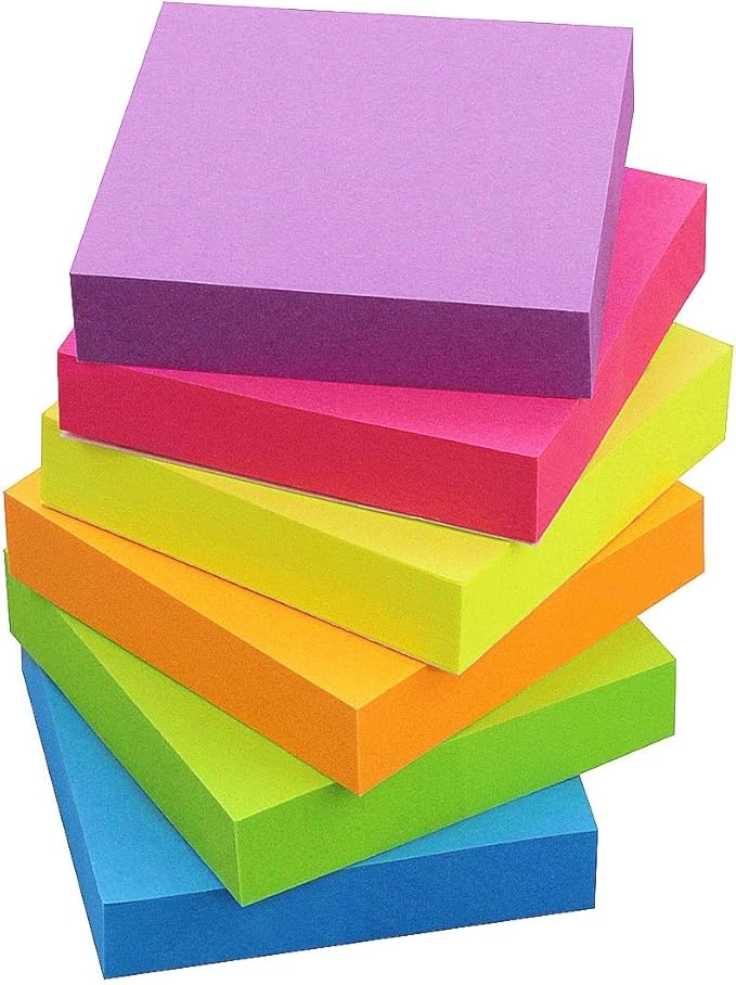 Sticky Notes 2x2, 6 Color Bright Colorful Sticky Pad, 12 Pads/Pack, 100 Sheets/Pad, Self-Sticky Note Pads (Green, Yellow, Blue, Orange, Purple, Rose)