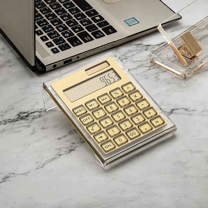 Gold Foil Stamping Solar Power Acrylic Slim Calculator with Large LCD Display and Stand, 12-Digit Handheld Desktop Calculator for Office, School, Business