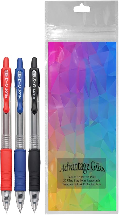 G2 Retractable Premium Gel Ink Roller Ball Pens Ultra Fine Point (.38mm) Black/Blue/Red Ink 3 pack; Refillable & Premium Comfort Grip Bundle with Plastic Reusable Pouch