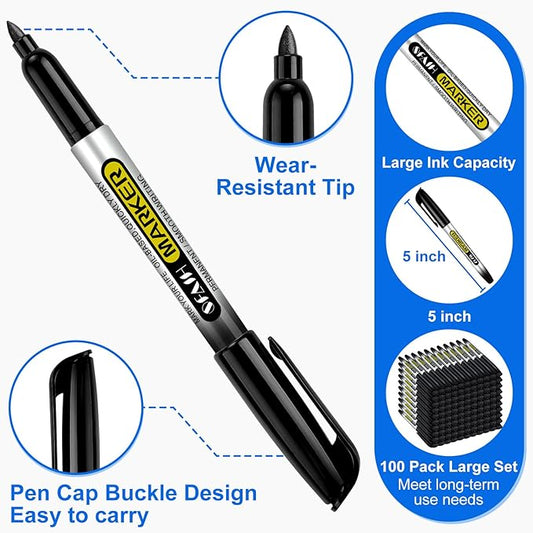 SFAIH 100 Black Permanent Markers Bulk -1s Quick Dry, Waterproof, Non-Fading, Durable, Fine Point Permanent Pens for Plastic Glass Metal Wood Paper, Office Supplies, Classroom Kitchen, Cargo Marking