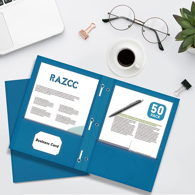 Two Pocket Folders, RAZCC 50 Pack Two Pocket Folders with Prongs, 3 Prong Folders Fit Letter Size Paper, Pocket File Folders for School Office Home Business, Dark Blue