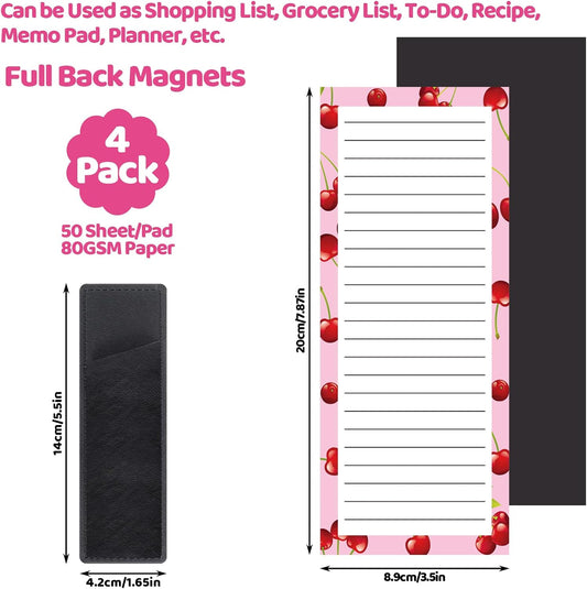 4 Pack Magnetic Note Pad for Fridge with Pen Holder, Totally 200 Sheets Magnetic To Do List, Grocery List, Shopping List, Memo Pads for Refrigerator(Fruit Design)